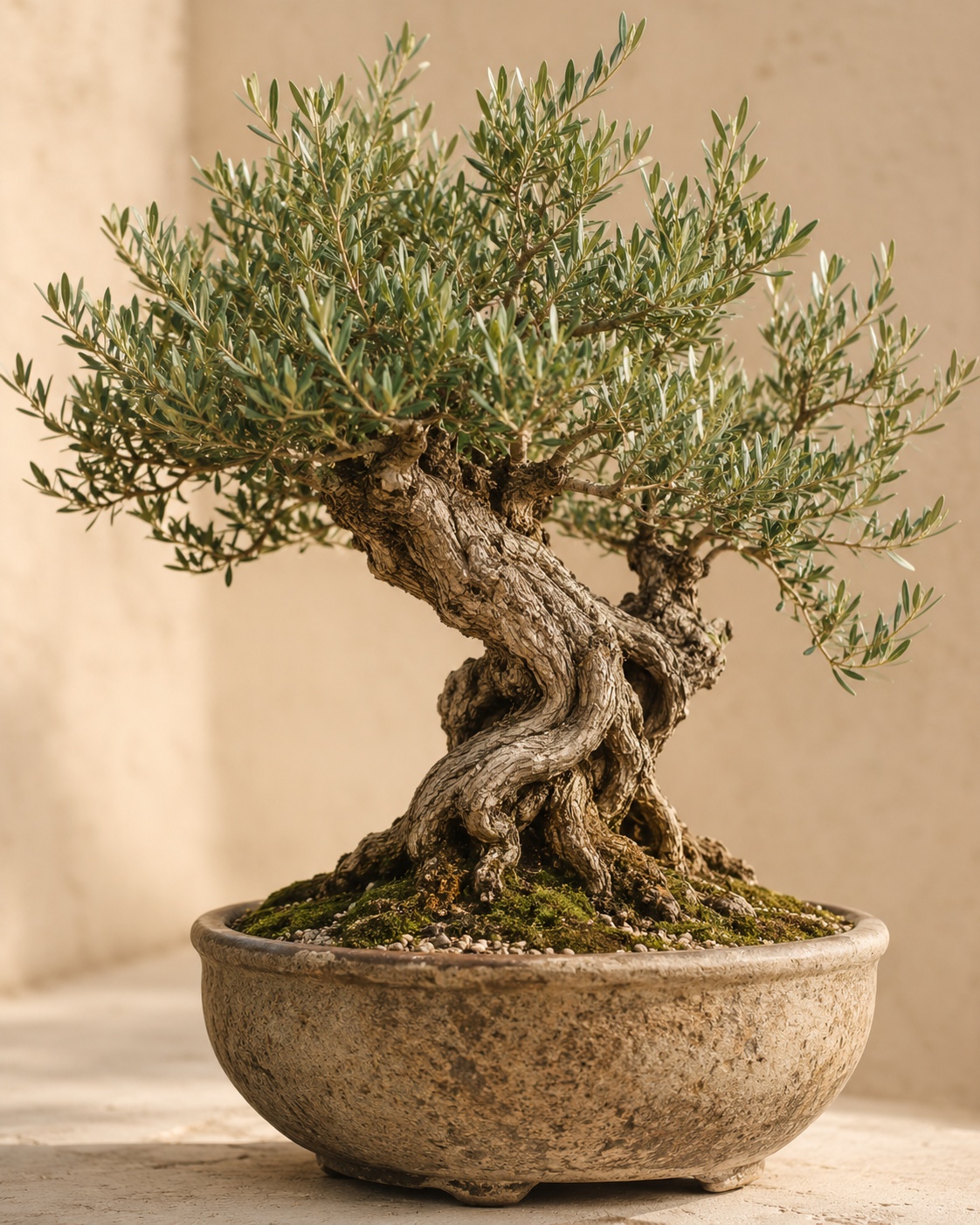 Ancient olive bonsai in a stone bowl