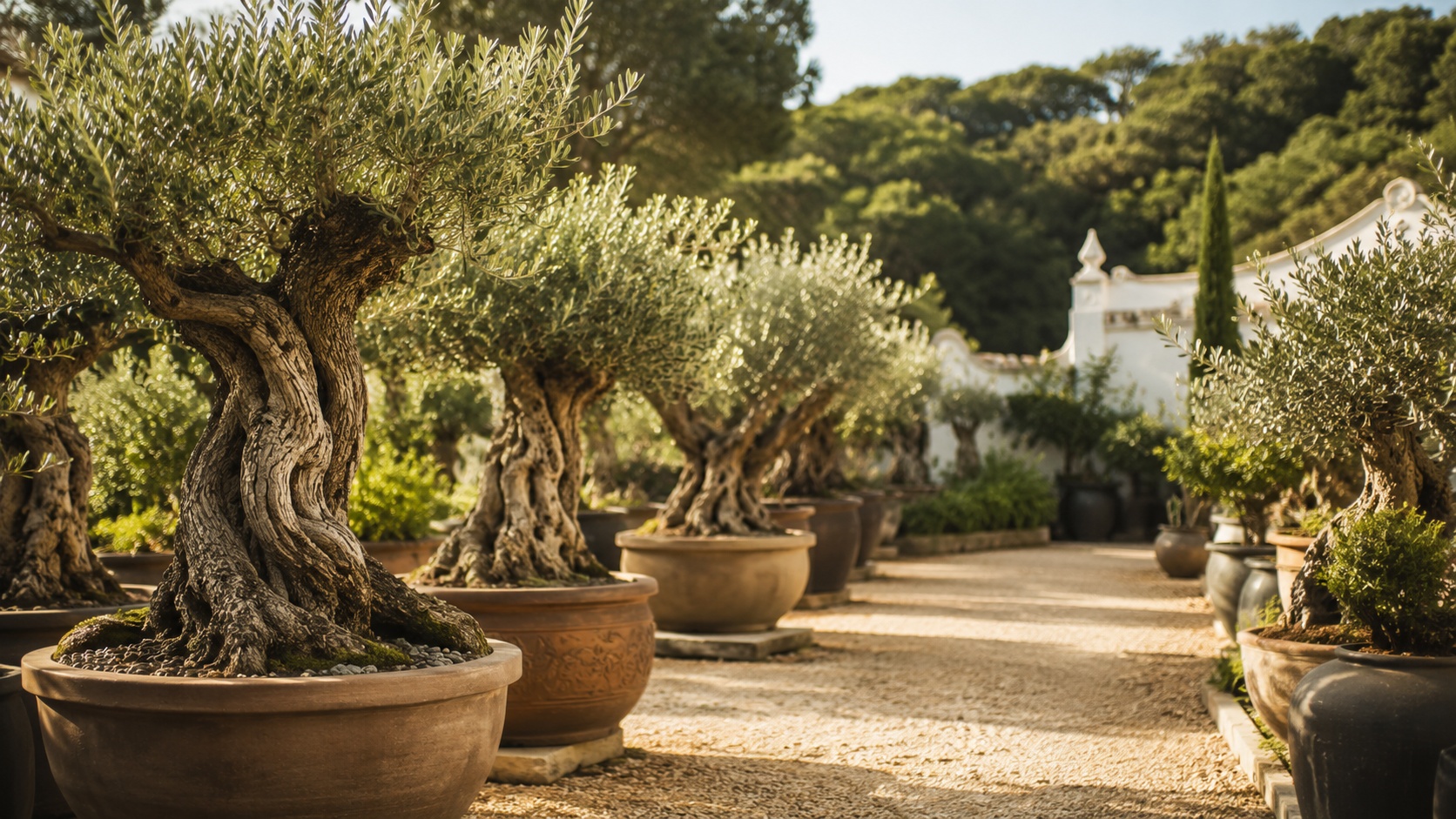 Avenue of olive bonsai in the nursery